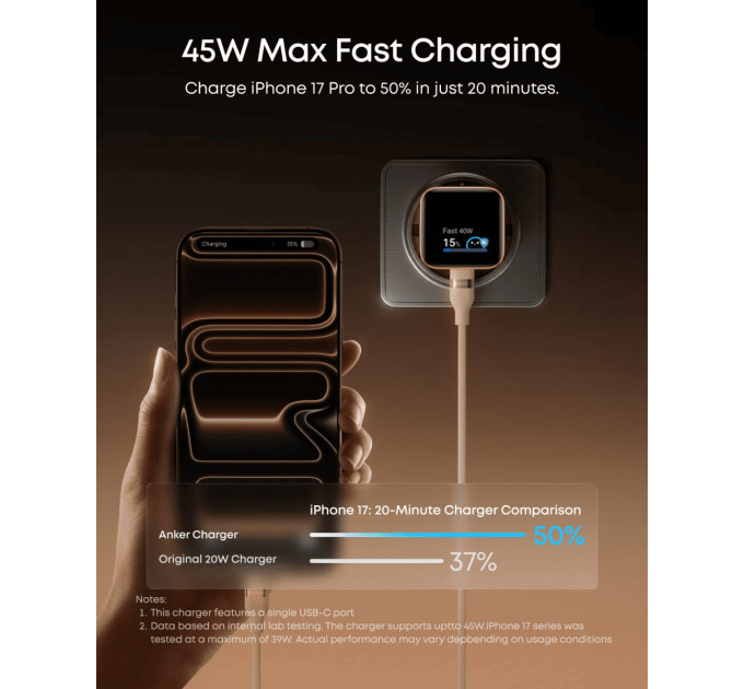Anker Мережевий зарядний пристрій Anker Nano Charger 45W USB-C Smart Display Black (A121DG11)