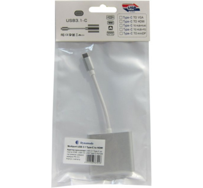 Dynamode Перехідник Dynamode Dynamode USB3.1 Type-C to 1хHDMI, 1хUSB 3.0, 1хUSB Type-C Fe (Multiport USB 3.1 Type-C to HDMI)