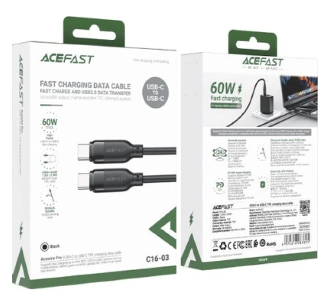 Acefast Дата кабель USB-C to USB-C 1.2m 60W TPU black Acefast (6974316283805)