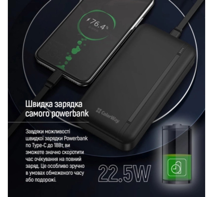 ColorWay Батарея універсальна ColorWay 20 000 mAh Portable Charger (USB/QC3.0 + USB-C/PD/22.5W) Black (CW-PB200LPB4BK-PD)
