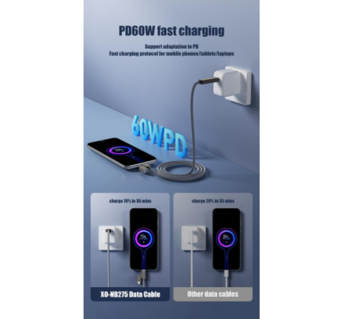 XO Дата кабель USB 2.0 AM to USB-C + USB 2.0 AM to Lightning 1.0m 60W gray XO (NB275_4-in-1_Gray)