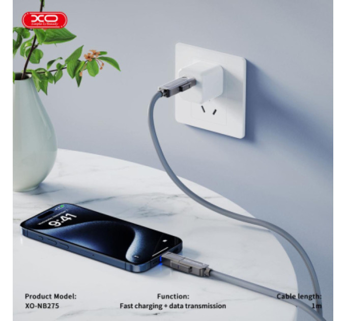 XO Дата кабель USB 2.0 AM to USB-C + USB 2.0 AM to Lightning 1.0m 60W gray XO (NB275_4-in-1_Gray)