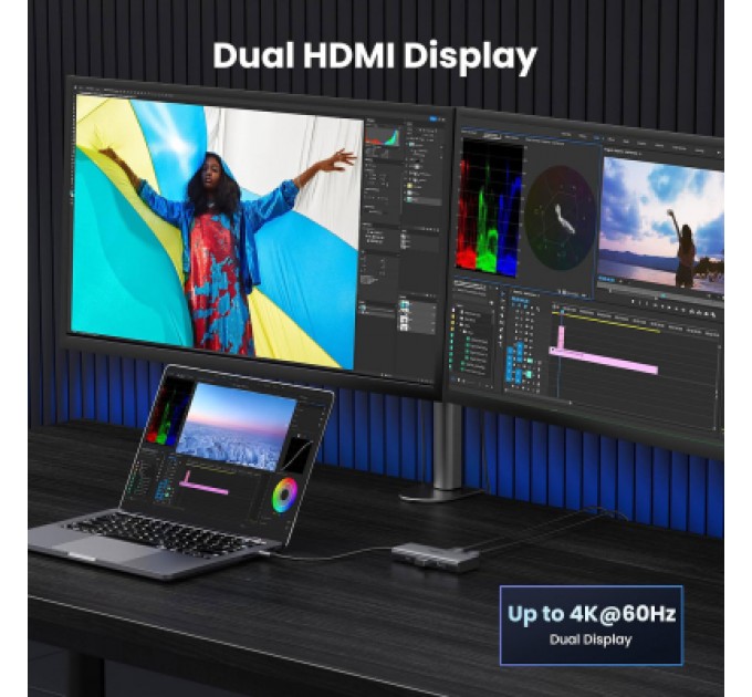 Ugreen Концентратор Ugreen USB3.1 Type-C to HDMIx2 4K60Hz (8k30Hz)/USB3.0x2/Type-C/PD 100W CM498 (15852)