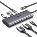 Ugreen Концентратор Ugreen USB3.1 Type-C to HDMIx2 4K60Hz (8k30Hz)/USB3.0x2/Type-C/PD 100W CM498 (15852)