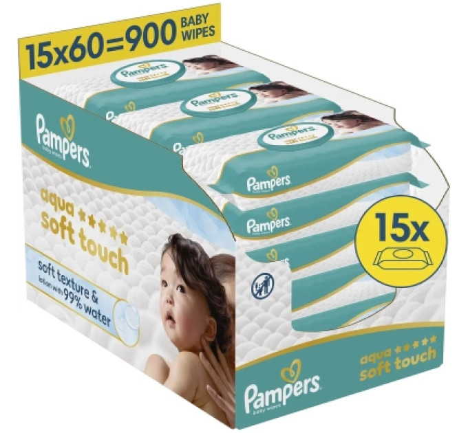 Pampers Дитячі вологі серветки Pampers Aqua Soft Touch 15x60 шт (900 шт) (8006530140232)