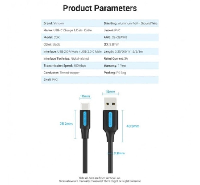 Vention Дата кабель USB 2.0 A Male to C Male 3A Cable 1.5M Black VENTION (COKBG)