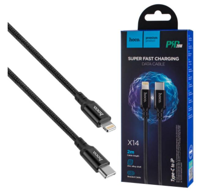 HOCO Дата кабель USB-C to Lightning 2.0m 3A 20W nylon X14 black HOCO (6931474752208)