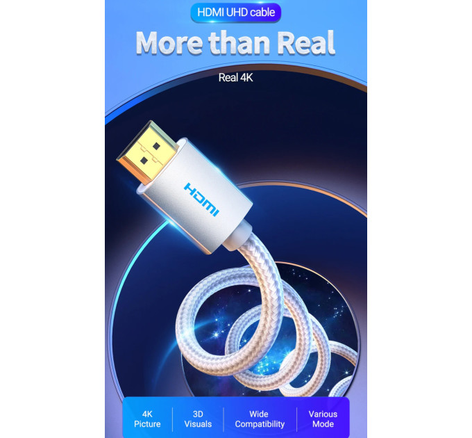 Vention Кабель мультимедійний HDMI to HDMI 2.0m V2.0 4K 60Hz Silver Metal Type Vention (AABIH)