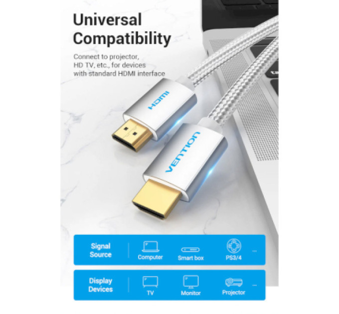 Vention Кабель мультимедійний HDMI to HDMI 2.0m V2.0 4K 60Hz Silver Metal Type Vention (AABIH)