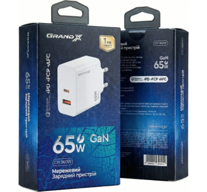 Grand-X Зарядний пристрій Grand-X 1xUSB-C + 1xUSB 65W PD3.0 QC4.0 AFC SCP FCP white (CH-960W)