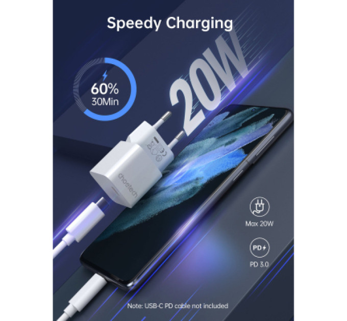 Choetech Зарядний пристрій Choetech GaN USB-C 20W QC3.0/PD/PPS (PD5010-EU-WH)