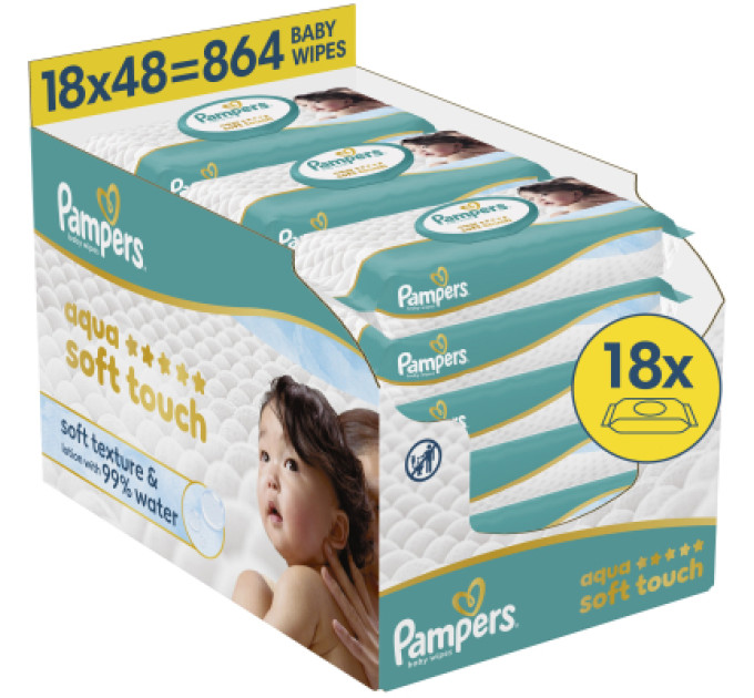 Pampers Дитячі вологі серветки Pampers Aqua Soft Touch 48 шт х 18 пачок (864 шт) (8006530139977)