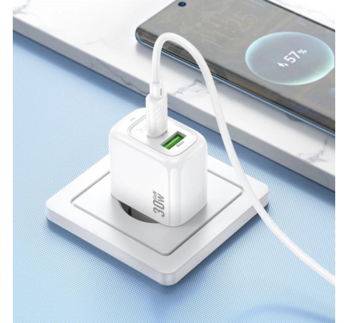 HOCO Зарядний пристрій HOCO CS55A 1xUSB-C PD30W + 1xUSB QC3.0 white (6942007631549)