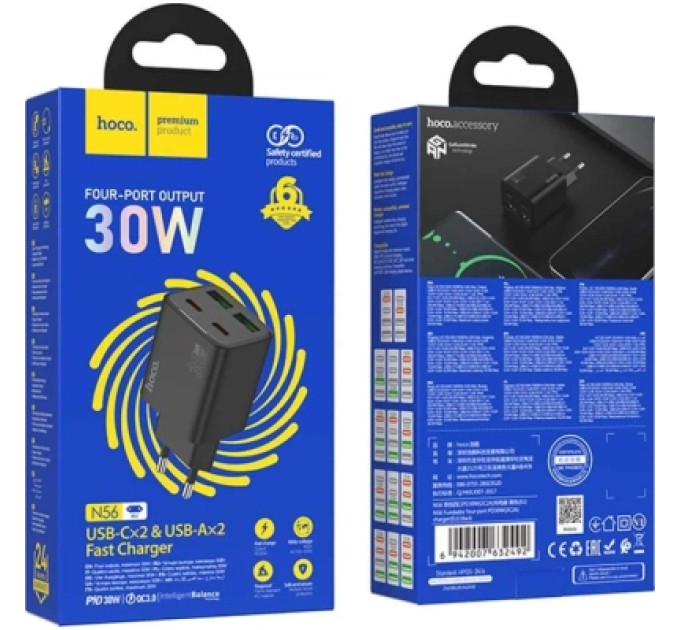 HOCO Зарядний пристрій HOCO N56 2xUSB-C PD30W + 2xUSB black (6942007632492)
