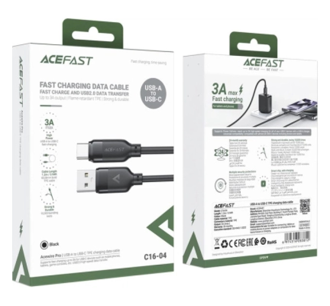 Acefast Дата кабель USB 2.0 AM to USB-C 1.2m 3A TPE black Acefast (6974316283812)