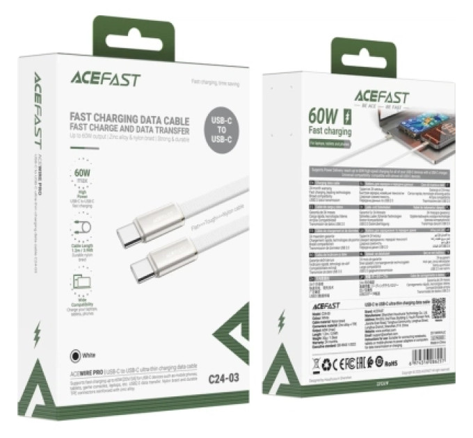 Acefast Дата кабель USB-C to USB-C 1.2m 60W 3A nylon white Acefast (6974316286257)