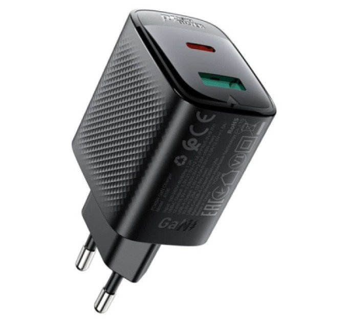 Acefast Зарядний пристрій Acefast A106 1xUSB-C PD45W + 1xUSB QC3.0 GaN black (6974316284031)