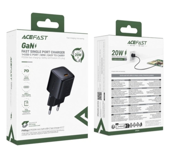 Acefast Зарядний пристрій Acefast A117 USB-C PD20W GaN black (6974316284987)