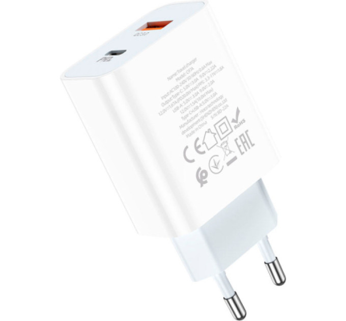 HOCO Зарядний пристрій HOCO C97A 1xUSB-C PD20W + 1xUSB QC3.0 White (6931474766076)