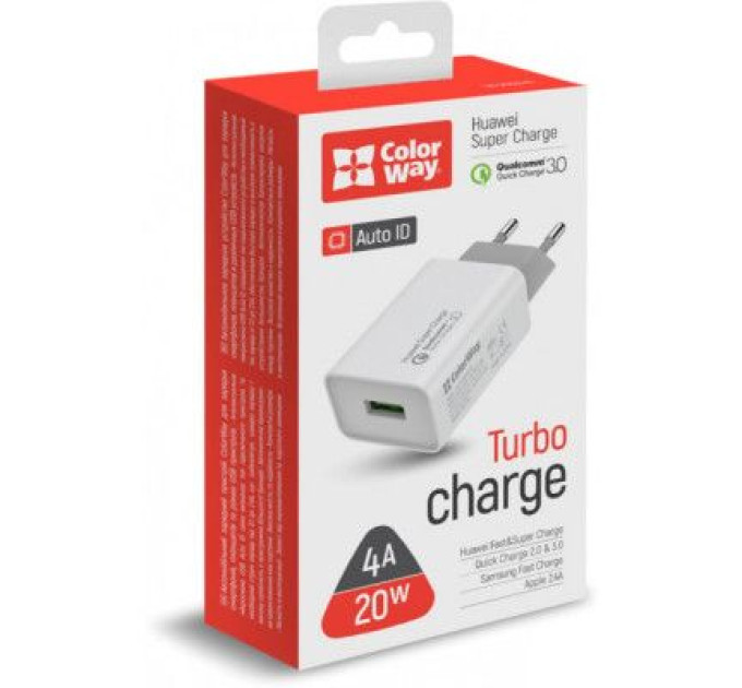 Зарядний пристрій ColorWay 1USB Huawei Super Charge/Quick Charge 3.0, 4A (20W) (CW-CHS014Q-WT)