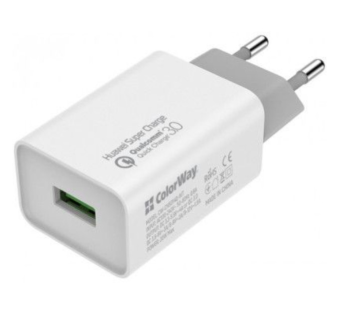 Зарядний пристрій ColorWay 1USB Huawei Super Charge/Quick Charge 3.0, 4A (20W) (CW-CHS014Q-WT)