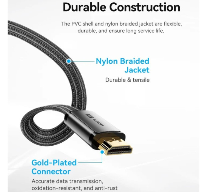 Vention Кабель мультимедійний HDMI to HDMI 2.0m V2.1 8K 60Hz flat Vention (ALKBH)