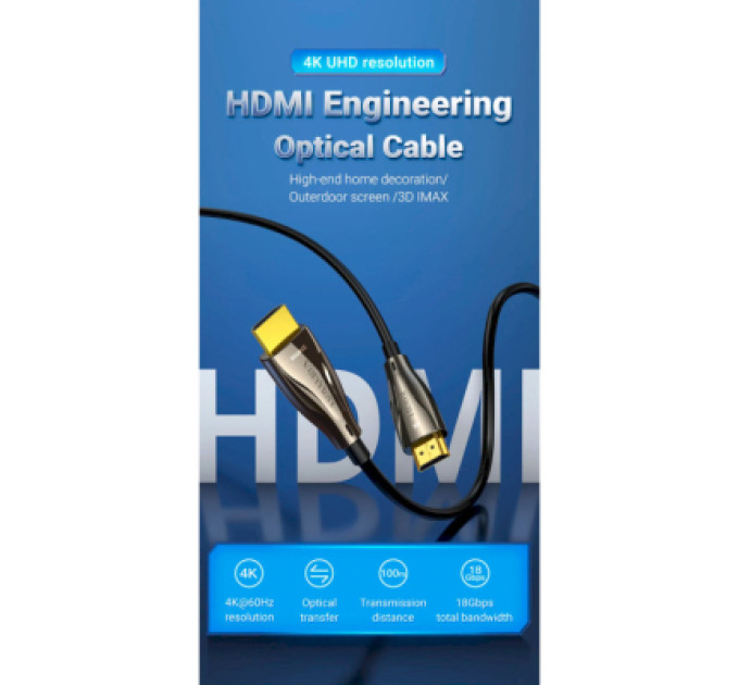 Кабель мультимедійний HDMI to HDMI 50.0m V2.0 Optical 4K 60Hz 18Gbps Dolby 7.1 PVC Black Zinc Alloy Vention (ALABX)