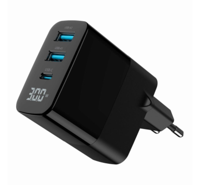 Зарядний пристрій Gembird 2хUSB-A (QC3.0 18W) + 1хType-C (PD20W) LCD black (TA-UC-PDQC30LCD-BK-02)