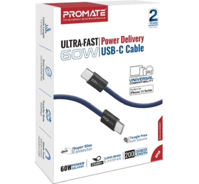 Дата кабель USB-C to USB-C ecoline-cc200.navy Promate (ecoline-cc200.navy)