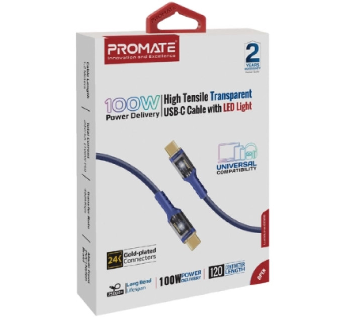 Дата кабель USB-C to USB-C lucidline-cc120.navy Promate (lucidline-cc120.navy)