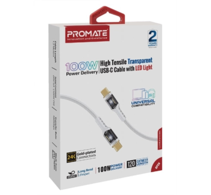 Дата кабель USB-C to USB-C lucidline-cc120.white Promate (lucidline-cc120.white)