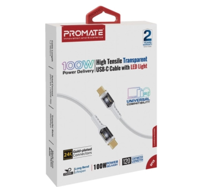 Дата кабель USB-C to USB-C lucidline-cc200.white Promate (lucidline-cc200.white)