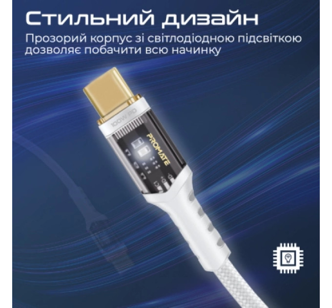 Дата кабель USB-C to USB-C lucidline-cc200.white Promate (lucidline-cc200.white)