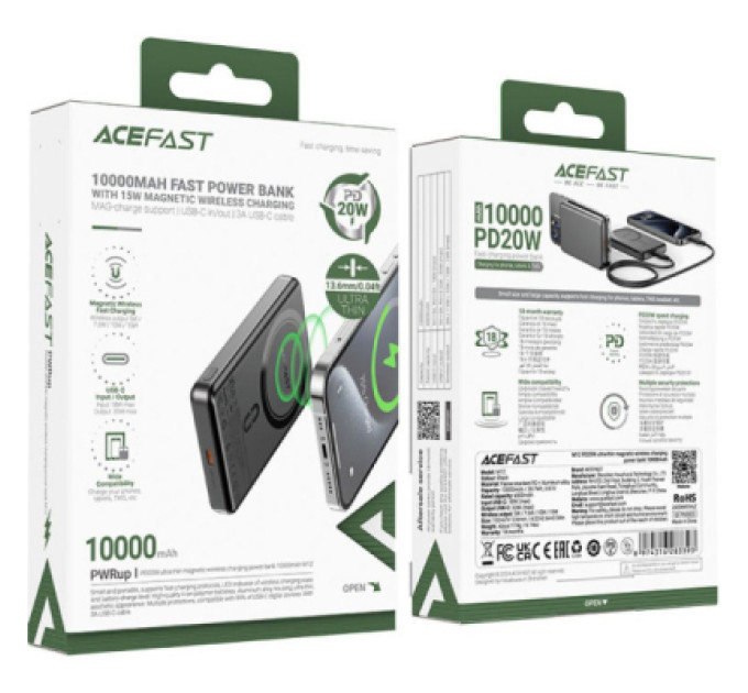 Acefast Батарея універсальна Acefast Magnetic Wireless 10000mAh 20W PD, QC/3.0, QI 15W, M12 Black (6974316283393)
