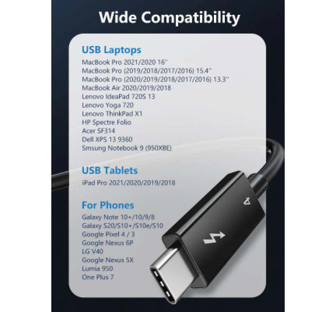 Дата кабель USB-C to USB-C 1.0m Thunderbolt 4 100W (20V/5A) 8K60Hz Cabletime (CA915422)