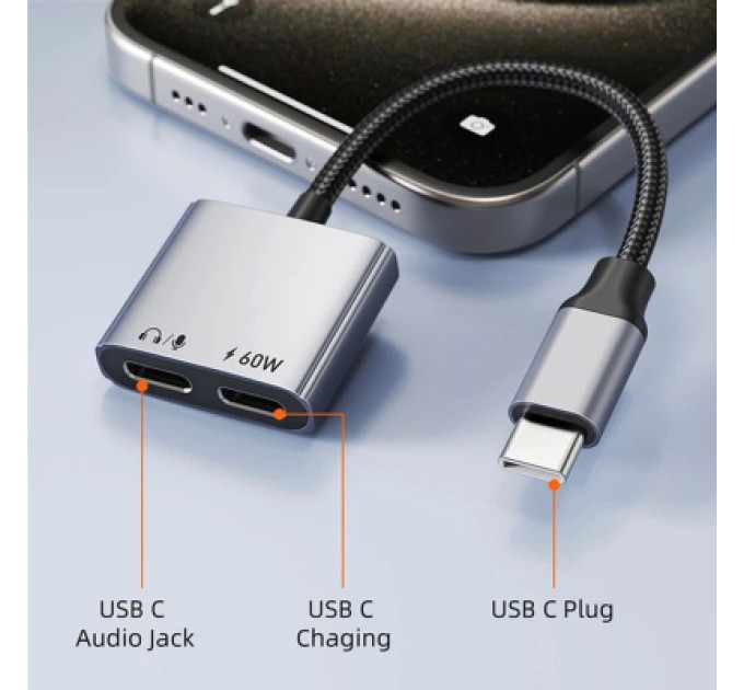 Перехідник USB-C M to USB-C F Audio + USB-C F PD60W Cabletime (CA915781)