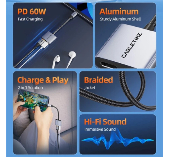 Перехідник USB-C M to USB-C F Audio + USB-C F PD60W Cabletime (CA915781)