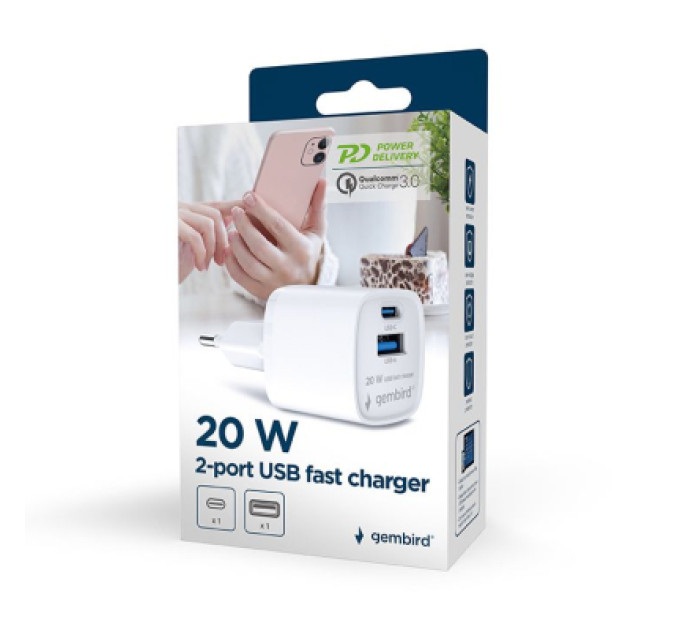 Зарядний пристрій Gembird 1xUSB-C PD20W + 1xUSB QC3.0 white (TA-UC-PDQC20-W-01)