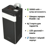 Батарея універсальна HOCO 50000mAh Powermaster PD/20W, QC/22.5W, Lamp, Black (J86A / 714738)