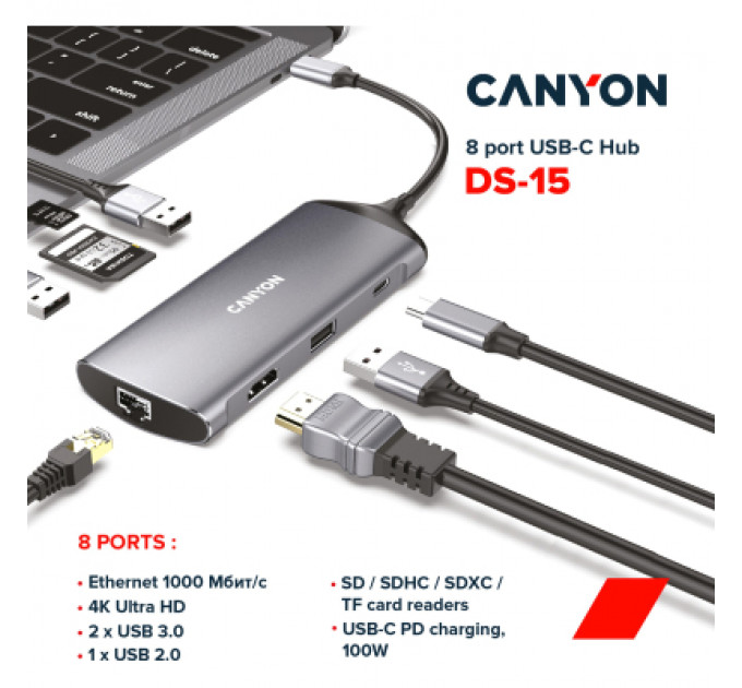 Порт-реплікатор Canyon 8-in-1 USB-C (CNS-TDS15)