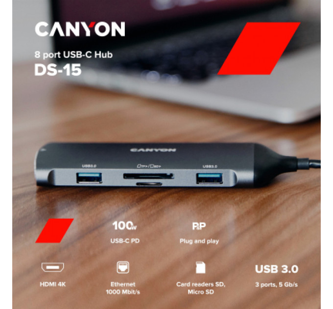 Порт-реплікатор Canyon 8-in-1 USB-C (CNS-TDS15)