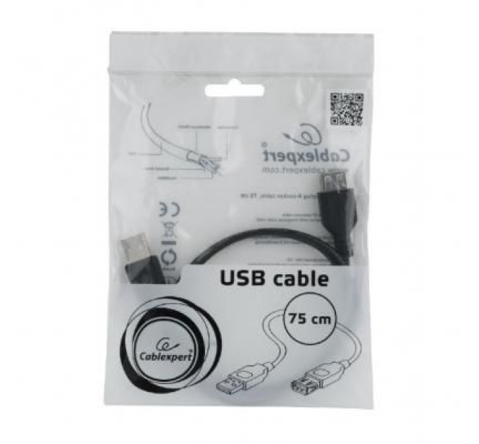 Cablexpert Подовжувач Cablexpert CC-USB2-AMAF-75CM/300-BK, USB 2.0 A-тато/A-мамо, 0.75 м.