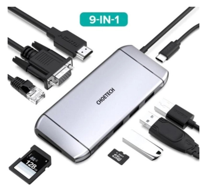 Choetech Адаптер Choetech HUB-M15-GY, USB Type-C 9-в-1