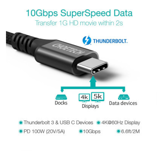 Choetech Кабель Choetech XCC-1007-V2-BK, преміум якість USB3.1 С-папа/C-папа,2 м.