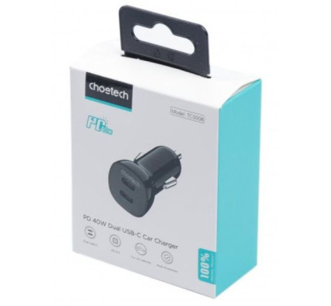 Choetech Автомобільне ЗУ TC0008-BK, 2 порти, 40Вт,QC3.0+PD, чорний