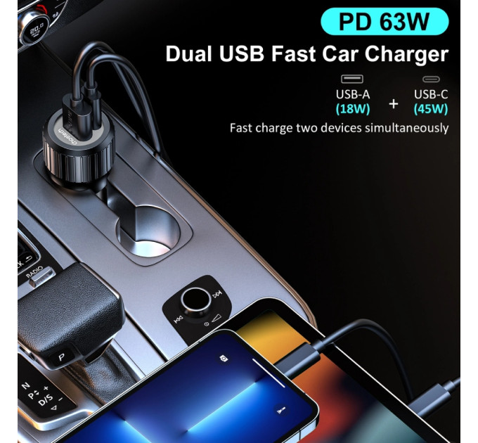 Choetech Автомобільне ЗУ TC0010-BK, 2 порти, 63Вт, QC3.0+PD, пластик, чорний