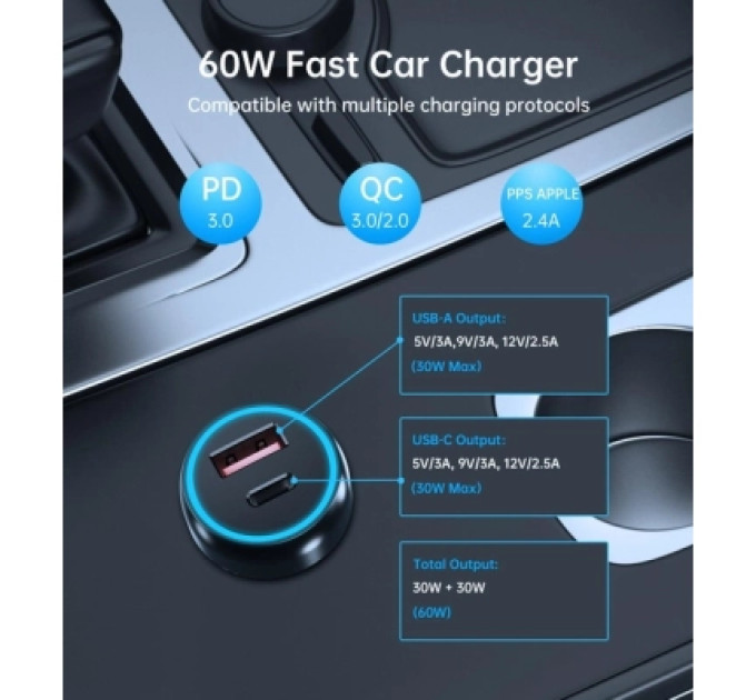 Choetech Автомобільне ЗУ TC0014-BK, 2 порти, 60Вт, QC3.0+PD, чорний