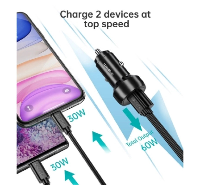 Choetech Автомобільне ЗУ TC0014-BK, 2 порти, 60Вт, QC3.0+PD, чорний