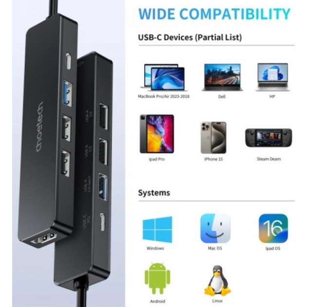 Choetech Адаптер Choetech HUB-M80-BK, USB Type-C 5-в-1