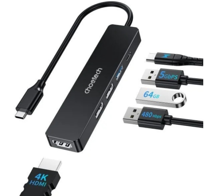 Choetech Адаптер Choetech HUB-M80-BK, USB Type-C 5-в-1